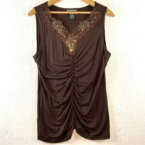 Womens Ruched Sleeveless Tunic Top Sz M Brown Boho Western‎ Glam Festival Beaded